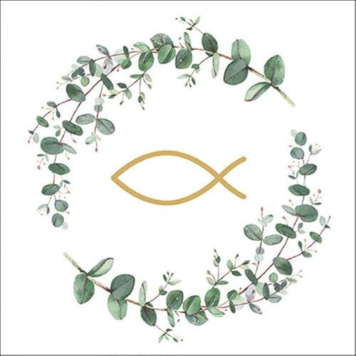 Miss Lovely Servietten Christen-Fisch im Eukalyptus-Kranz zur Taufe Konfirmation Kommunion & Firmung in weiß grün & Gold Tisch-Deko für Junge & Mädchen Dekoration kirchliche Feste 20 Servietten