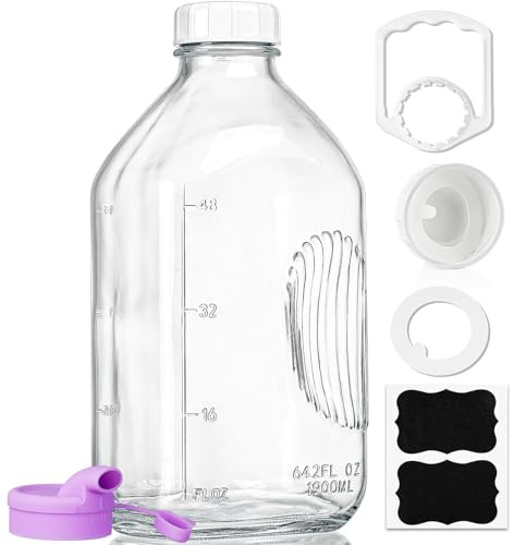 Ritayedet 64 Oz Heavy Duty Glass Milk Bottle with Reusable Airtight Strong SCREW LID - 1/2 Gallon Water Bottles with Scale Lines - 2 Qt Glass Milk Jug Pitcher - Extra Gaskets & Handle!