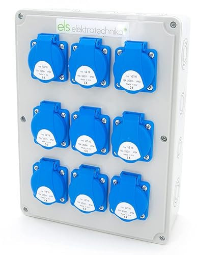 ELS Elektrotechnika Répartiteur de courant de chantier, 9 x 230 V, prises IP54, répartiteur mural avec fil, prêt à être raccordé, pour l'intérieur et l'extérieur, ateliers, usines