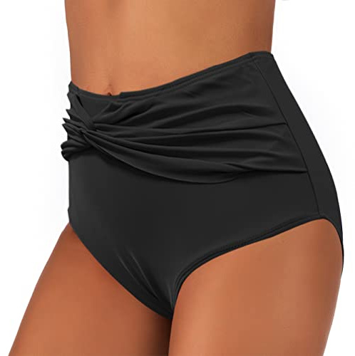 JFAN Braguitas de Bikini Mujer Cintura Alta Ruched Braga De Bikini Reductores Barriga Negro XL