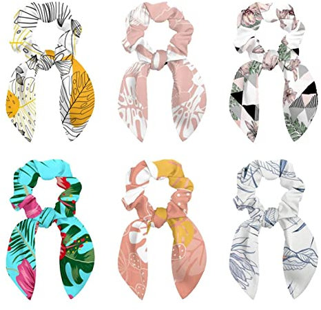 6 Pcs Hair Scrunchies - Flowers and Palm Leaves in Pink Hair Scarf Scrunchy with Ribbon Bow, Elastic Hair Ties Ponytail Holders for Women Teenage Girls