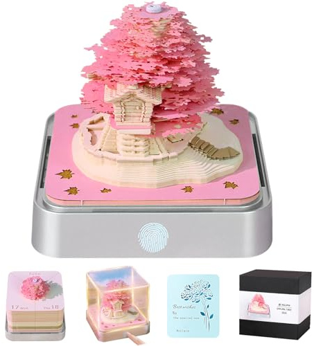RSLIPIN 3D Memo Pad Time Piece Calendar 2026,3D Calendar Memo Pad DIY Notes Notepad Paper Craft Art Romantic Tree House,2026 3D Desk Calendar With LED Lights,Pink