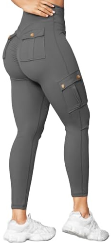 Nuofengkudu Women Scrunchs Bum Cargo Leggings Gym with Pockets Ankle Length High Waisted Booty Tummy Control Solid Running Sports Jogging Trousers