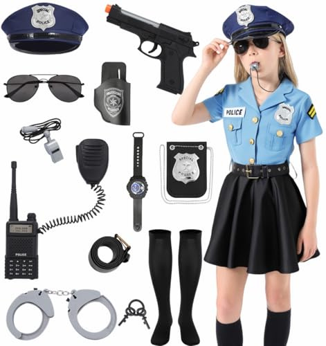 Polizist Kostüm Kinder Mädchen Polizei Kostüm Zubehör Polizistin Cosplay Outfit mit Zubehör Girls Police Ausrüstung Set Polizei Spiele Uniform mit Handschellen für Fasching Karneval Halloween FR050M