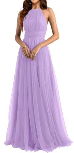 Halter Abiti da damigella d'onore da donna lunghi in tulle A-Line pieghe abiti formali per matrimonio, Lilla, 46