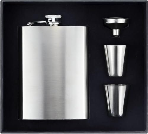 BSTMOME Juego de petaca de acero inoxidable 304, 7 onzas, con 2 vasos de chupito y 1 embudo y caja de regalo para hombres, contenedor de whisky, botella de alcohol (plata)