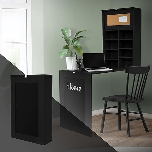 ML-Design Scrivania Pieghevole da Parete Nero in MDF Tavolo Ribaltabile Sospeso a Muro con Lavagna 8 Scomparti e Bacheca Scrivania Salvaspazio Multifunzione con Scaffali per Casa e Ufficio