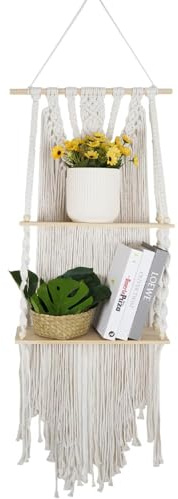 janeunique Macrame Plant Hanger Double Layer for Plants Boho 2 Floating Wooden Shelves for Home decor Bedroom Living Room Indoor Outdoor Decoration