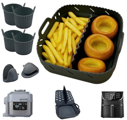 Silicone Air Fryer Liner Set with Divider by Magla, Compatible with Cosori 5.5L, Ninja Crispi Air Fryer, Ninja Speedi 5.7L, Tefal 6.5L etc., Air Fryer Accessories, with 4 Ramekins and 2 Mitts