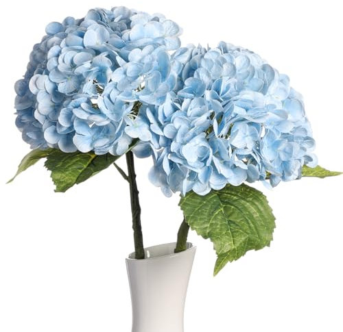 huaao 2 flores artificiales grandes de hortensias, flores artificiales como tallo largo real Hydrangea, ramo de flores, decoración para bodas, oficina, centros de mesa, salón, fiesta, azul