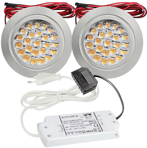 2er Set LED Möbel Einbauleuchten 12V ultra flach 2.4W Einbauleuchten Mira 190lm mit LED Trafo und 230V Zuleitung 3000K Warmweiß Lochausschnitt: 58 bis 60mm Silber Plug and Play Spots Ø=65,5 X 10,7mm