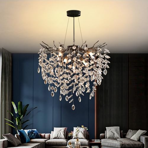 Modern Kronleuchter Kristall Schwarz, Große Luxus Raindrop Pendelleuchte, Rund Kristall Hängeleuchte Light Fixture, Luxury Tree Branch Kronleuchter für Kücheninsel, Esszimmer, 60cm