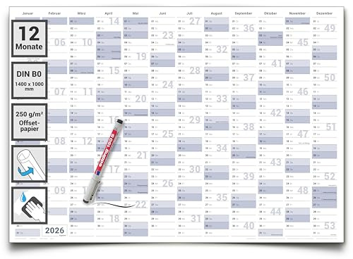 Abwischbarer XXL Jahresplaner Wandkalender 2026. Wandplaner gerollt 140x100cm gross DIN B0 inklusive 1 Marker. Jahreskalender 2026, Kalender - deutsche Sprache - von Gigatime
