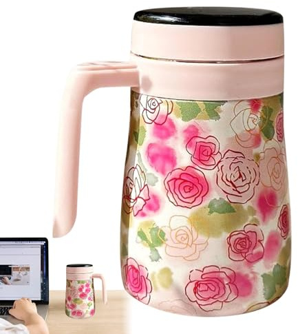 Caraffa termica per bevande calde, 550 ml, motivo floreale, in acciaio inox, display intelligente della temperatura, dispenser per bevande calde