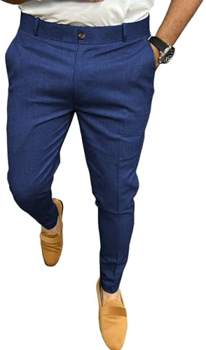 Oanviso Pantalon Costume Homme Habillé Chino Slim Fit Tailleur Pantalon Smoking Casual Formal Business Élégant Coupe Ajustée Pantalon Bureau De Travail Uni Classique Jogging Bleu Foncé S