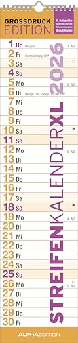 Alpha Edition - Planificador de rayas XL de Grossdrruck, calendario 2026, 15 x 64 cm, planificador de pared, ideal para personas mayores, oficina y familia, calendario de cocina grande con días