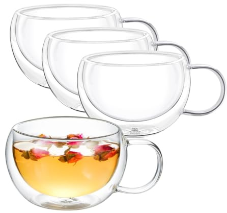 Wilmax - Bicchieri termici con manico - Set da 4-250 ml - Bicchieri da caffè a doppia parete - Set di bicchieri da latte macchiato, da cappuccino con manico - da tè, da bere - Tazza termica