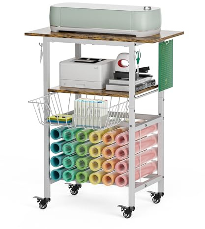 Queension Craft Cart with Wheels Compatible with Cricut Machines, Craft Organization and Storage Stand with Craft Table for Cricut Accessories, Rolling Storage Cart with 24 Vinyl Roll Hollers, White
