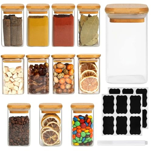 Glass Spice Jars with Bamboo Lid and Label 12 Pack Square Glass Container 8oz/250ml Kitchen Airtight Glass Spice Jars with Lids, Glass Container for Salt Sugar Seeds Nuts Tea Coffee Bean Herb etc