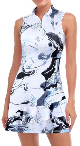 Aria Luxe Tennis Dress for Women Sleeveless Golf Dresses with Shorts and Pockets Ruffle Zip Up Stand Collar Golf Outfits