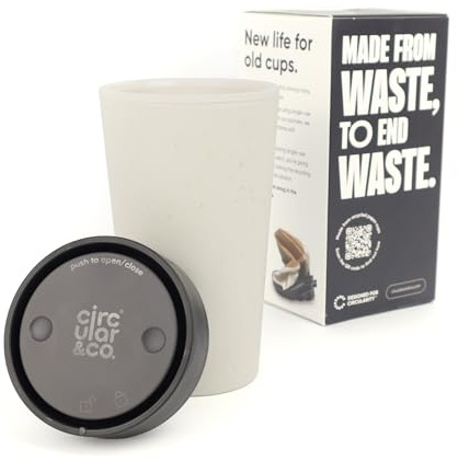 Circular&Co 12oz / 340ml Reusable Coffee Cup – Made from Recycled Paper Cups – Leakproof, Lockable Travel Mug, BPA Free – Chalk & Ink Black – Made in the UK