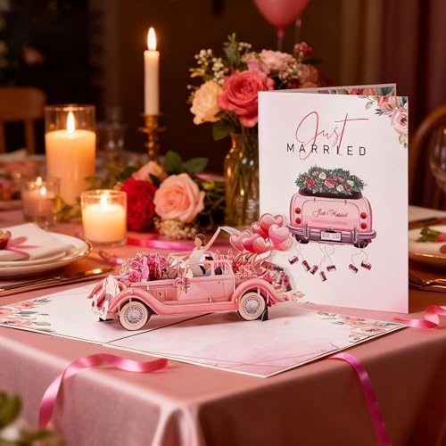 3D Pop-Up Hochzeitskarte Rosa Hochzeitsauto und Just Married Girlande - Hochzeitskarte edel, Glückwunschkarte zur Hochzeit, Hochzeitsgeschenke für Brautpaar, Geldgeschenk