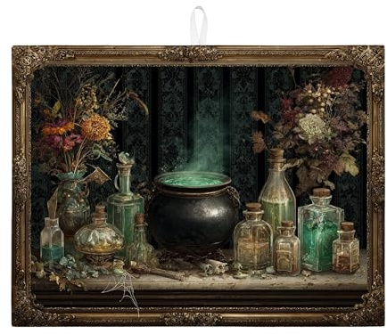 Mystical Cauldron Dish Drying Mats For Kitchen, Vintage Gothic Floral Absorbent Dish Rack Mat, Enchanted Microfiber Drying Pad For Coffee Bar 18x24 Inch