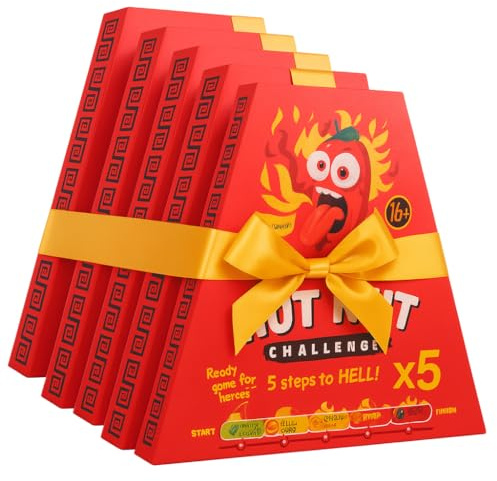 HOT-CHIP HOT NUT Challenge Probierpack 5x24g – Schärfster Chip der Welt in Sargbox mit Handschuh & Zertifikat – Extrem scharf – Veganer Snack - Carolina Reaper Chilli – Mutprobe für Erwachsene