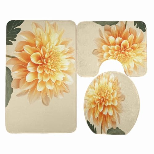 Badezimmerteppich Set 3 Teilig Elegante Gelbe Blume WC Teppich Schnell Trocknend Badvorleger rutschfest Badgarnitur 3 Teilig Stand WC Waschbar Bad Teppiche Set Dekoration 50x80 cm
