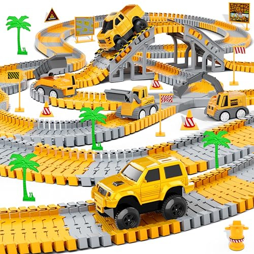 253Pcs Construction Race Track Toy with 5 Trucks & Cars for Boys Girls | 216 Tracks,12 Signs,8 Ramps,8 X-Shaped,5 Cars/Trucks;Snap Together Endless Layouts;Ages 3-8;Batteries Not Included.