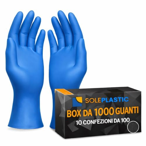 SOLEPLASTIC 1000 Guanti Nitrile Blu (TAGLIA M) - 10 Confezioni da 100 - Senza Lattice e Senza Polvere, Guanti Monouso Idonei per Alimenti, Uso Medico, Cucina, Tattoo e Non Solo