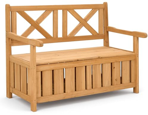 Warmiehomy Garden Storage Bench 2 Seater Garden Bench with Storage Box 125L Wooden Outdoor Benches with Backrest Armrest for Patio, Balcony, Backyard,Wood
