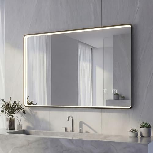 NeoArt LED Badspiegel mit Aluminiumrahmen & Bluetooth, HD Silber-Spiegel | 3 Lichtfarben Dimmbar Wandspiegel mit Touch-Schalter & Anti-Beschlag, Modernes Design & Memory-Funktion