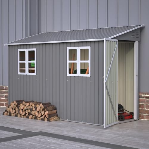 Geräteschuppen Metall 4x10 Fuß Anlehn-Design – Gerätehaus mit Fenster & Pultdach, wetterfester Stahlschuppen abschließbar als Fahrradgarage für 2-3 Fahrräder, Mülltonnenbox & Gartengerätehaus – Grau