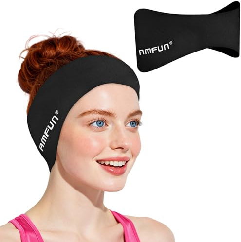 AMFUN Schwimmen Stirnband, Neopren Schwimmband, Hohe Elastizität, Wasserdichtes Kopfband Haarband, für Tauchen, Pool und Wassersport (Schwarz, M)