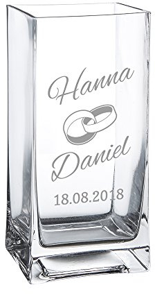 Casa Vivente Blumenvase aus Glas mit Gravur, Motiv Ringe, Personalisiert mit Namen und Datum, Dekoration, Hochzeitsgeschenke für Brautpaar