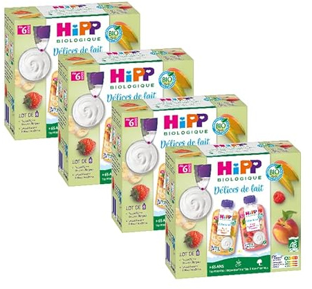HiPP - Délices de Lait - Brassés 2 Variétés Dès 6 Mois - Gourdes - 8x90g - Lot de 4 - BIOLOGIQUE