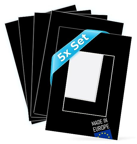 PHOTOLINI Passepartout A2 42x60 aussen für A3 30x42 innen, 5X säurefrei 1,5 mm Passepartout Karton Schwarz, alterungsbeständige Schrägschnitt - Passepartouts, Präsentation & Schutz von Bilder & Fotos