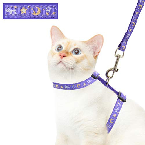 Cat Harness and Leash Set for Outdoor Walking Escape Proof Adjustable Soft Safety Strap with Golden Star and Moon Design Glow in The Dark Purple