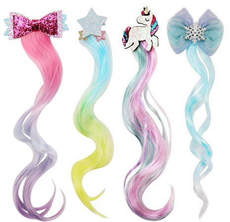 HIFOT 4PCS Locken Haarverlängerung Clips, Einhorn Bogen Prinzessin Haarspangen Mädchen Haarschmuck, Bunte Haarteile Synthese Party Ankleiden