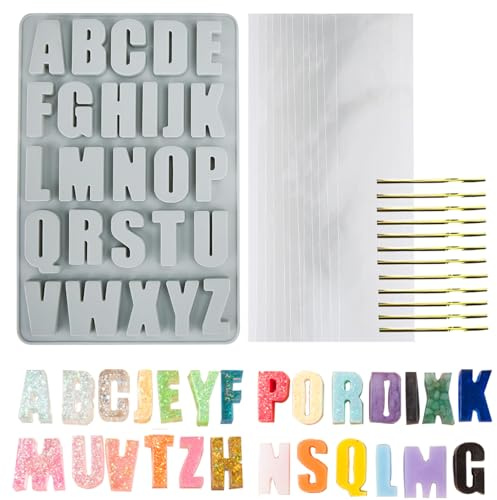 Wocuz 26 Large Letters Silicone Mold Alphabet Crayon Mold Chocolate Mold Biscuit Ice Cube Tray with 12 Sets of Present Packages for DIY Name Letter for Students Graduation Party