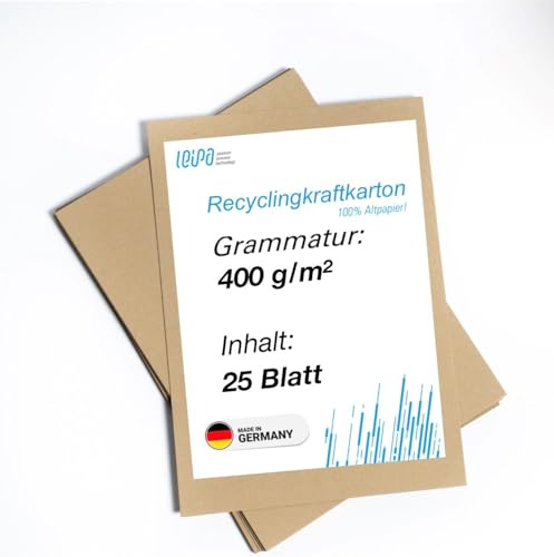 LEIPA Recyclingkraftkarton 25 Blatt Kraftpapier A4 Braun 400 g/m² für Bastelarbeiten Pappe Finnpappe Kalendergestaltung Bastelkarton Pappe Recycelte Braunpappe