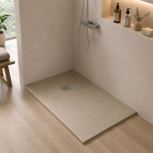 Piatto doccia marmoresina con effetto pietra serie Karen, in diverse dimensioni e colori, spessore ultraslim 3 cm, riducibile su misura, COMPLETO di kit scarico (70x120, Beige)