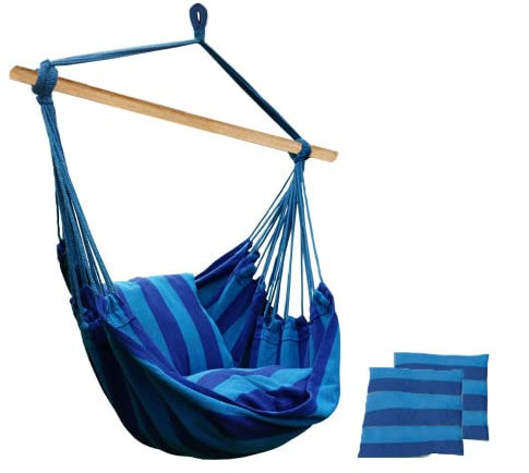 Hamaca Silla Colgante con 2 Cojines Acolchados y Barra de Soporte de Madera. Columpio Hamaca con Cuerda para Interiores y Exteriores. Soporta hasta 120kg. (130x100cm)