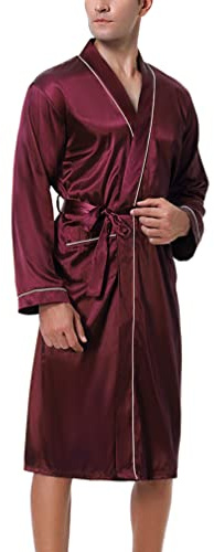 Bresdk Satin Bademantel Herren Morgenmantel Leichter | Klassischer Kimono-Schnitt mit Bindegürtel, zwei aufgesetzten Taschen und stilvollen Kontrastpaspeln an den Säumen