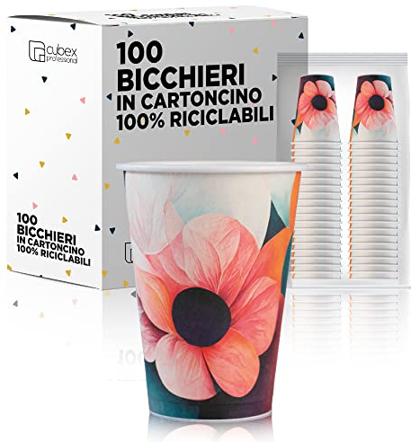cubex professional Vasos de papel desechables 200 ml 7 oz 100% Made in Italy para agua y bebidas calientes y frías ecológicas compostables y biodegradables de diseño para Fiesta (Flowers, 100)