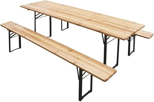 Bricozone Set Tavolo 2 Panche Birreria Completo in Legno Naturale con Gambe Pieghevoli in Metallo Nero per Giardino Bar Pub Piscina Fiera Picnic Campeggio Feste Sagre (180 x 70 x 75 cm)