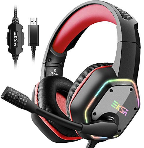 EKSA PC Headset mit Mikrofon, Gamer Headset Rot für PS5, 7.1 Surround Sound, RGB Kopfhörer mit Kabel, Noise Canceling Mic Kabelgebunden,Over Ear für Esports, PC, PS4/PS5 Console Laptop, Mehr Geräte