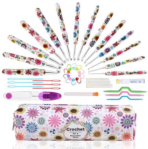 Häkelnadeln Set, 14 Größen 2.25mm(B)-10mm(N) Ergonomischer Griff für arthritische Hände, weicher Gummigriff Stricknadelset für Häkelanfänger, Strickbegeisterte (Lila)