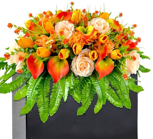 FLOWERIA Künstliche Friedhofsblumen - Grabsattel für Grabsteindekorationen mit orangefarbenen Rosen Tulpen